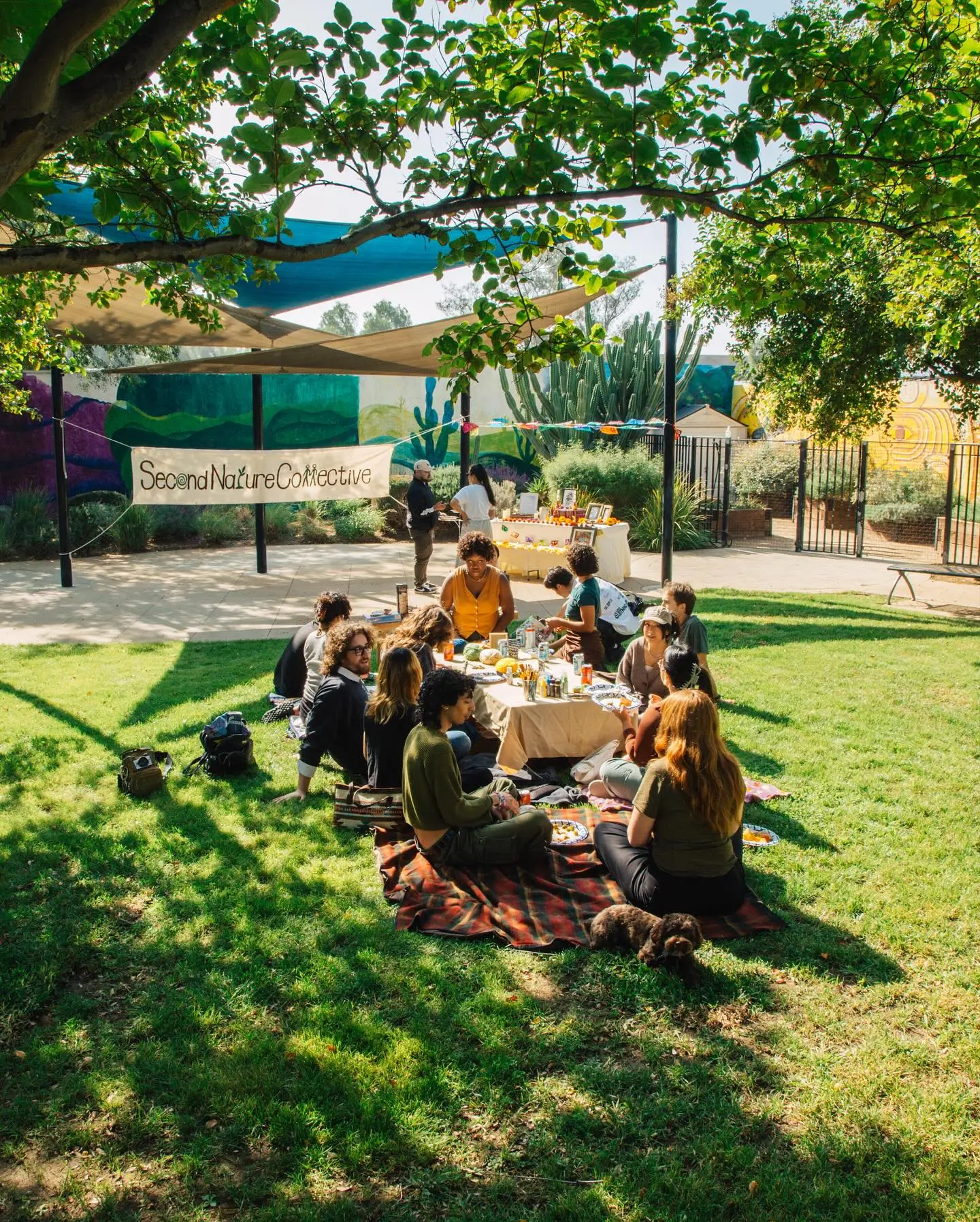 Community members sharing a meal on blankets beneath trees